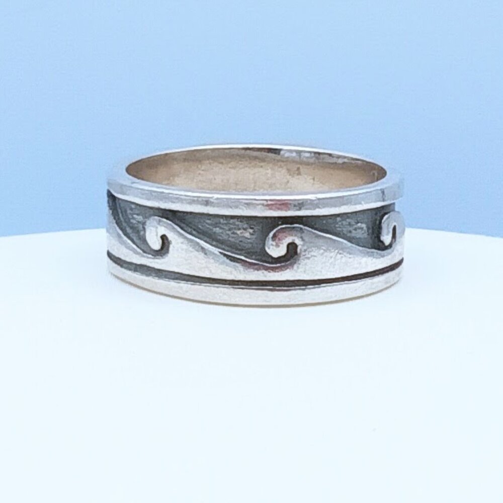 Vintage Sterling Silver Wave Scroll Oxidized Band Ring